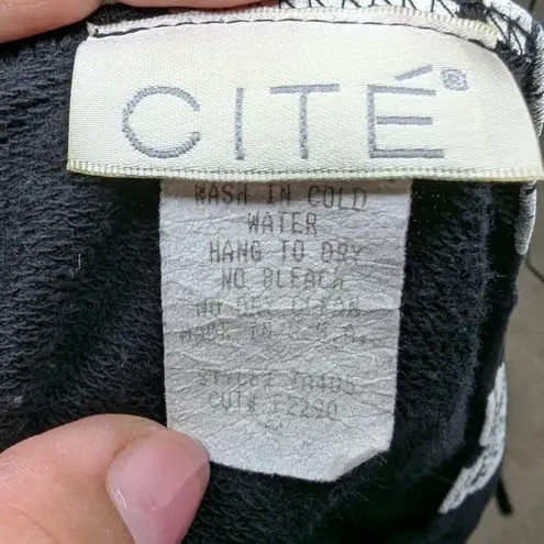 Vtg 1990s Cite Black Short Sleeve Jersey Knit Fish Block Print Maxi Dress S