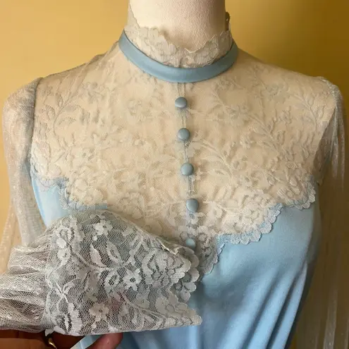 Vintage 70s Blue Lace Long Sleeve Nightgown Hostess Dress Victorian Small