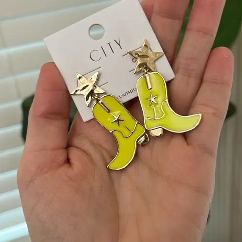NWT City Yellow Cowboy Boot and Star Large Dangle Earrings