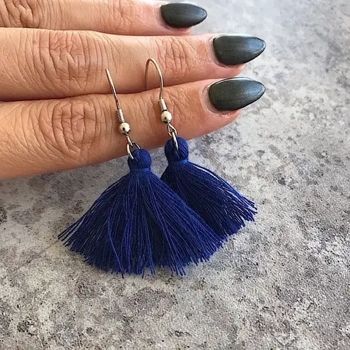 Handmade Tassel Earrings Silver Navy Blue Boho Festival USA Feminine
