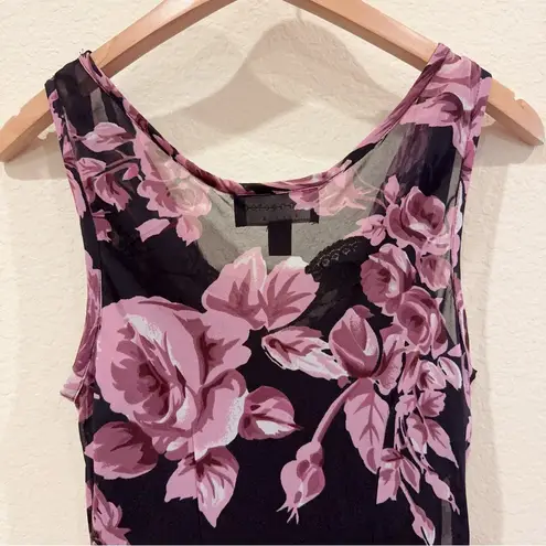 Connected Apparel Black with Rose Floral Asymmetric Stretchable Midi Dress M