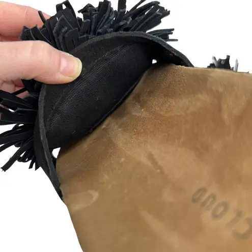 Musse & Cloud Black & Tan Fringe Pom Pom Suede Slides Sandals