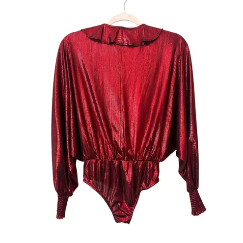 RETROFETE Fiona Plunge Neckline Metallic Bodysuit Red XS Red