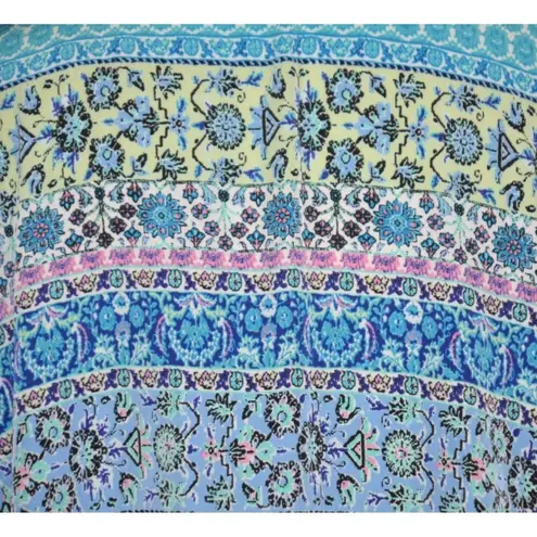 Liberty Love Blue Floral Cardigan Kimono Jacket Size L Long Fringe Festival Boho