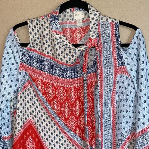 Chico's CHICO’S Size 0 Cold Shoulder Tie Neck Blouse Red Blue Cream Patchwork Bandana