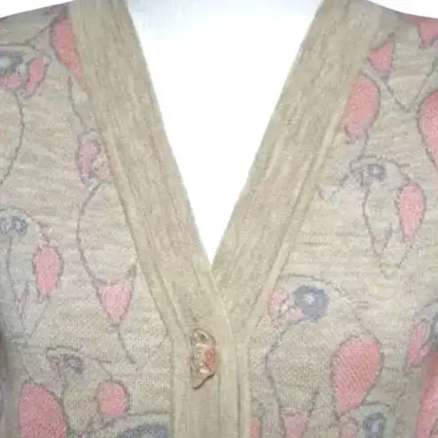 JILL Pastel Oatmeal Light Pink Parrot Animal Print Knit Cropped Cardigan Sweater Tan