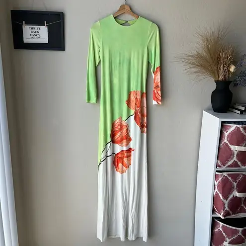 Alice + Olivia  Delora‎ Open Back Green Tulip Print 3/4 Sleeve Crew Maxi Dress 6