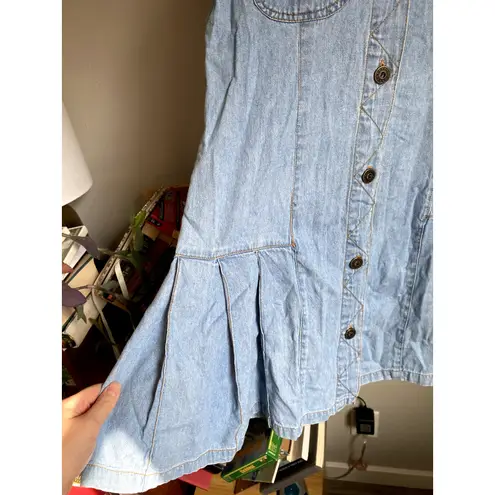 Vintage 1990's Light Denim Jean Ruffle Mini Dress Medium Western Coastal Cowgirl Blue