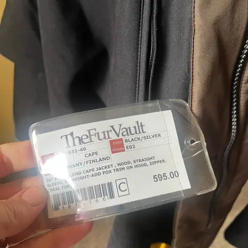 The Fur Vault Black Cape Jacket Silver Fox Trim Hood Made in Greece Size 44