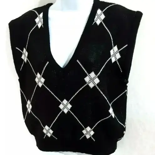 Loubella Vintage 80's Knit Vest Women Size L Diamonds pattern Black White Size L