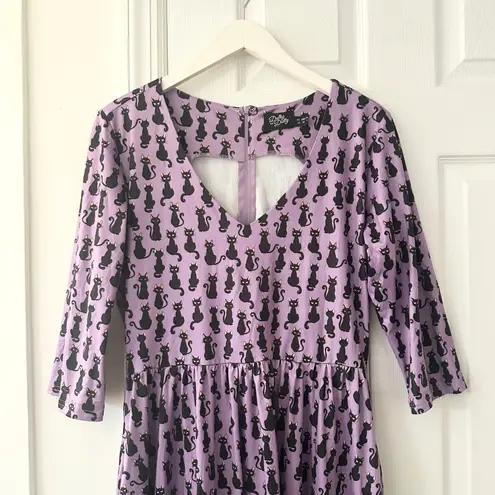 Dolly and Dotty Unique Vintage Purple Billie Black Cat Print Midi Flare Dress 10