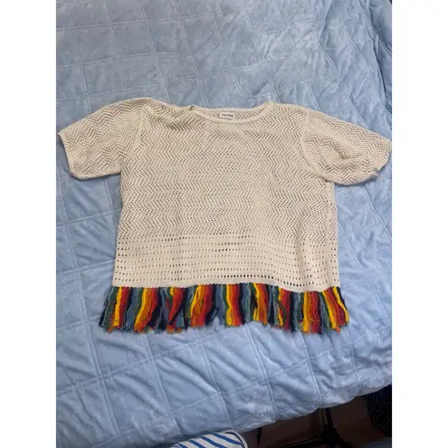 ESCVDO Carisa Crochet Fringe Hem Top Cream Multi Trim Knit Fest Boho – Size S