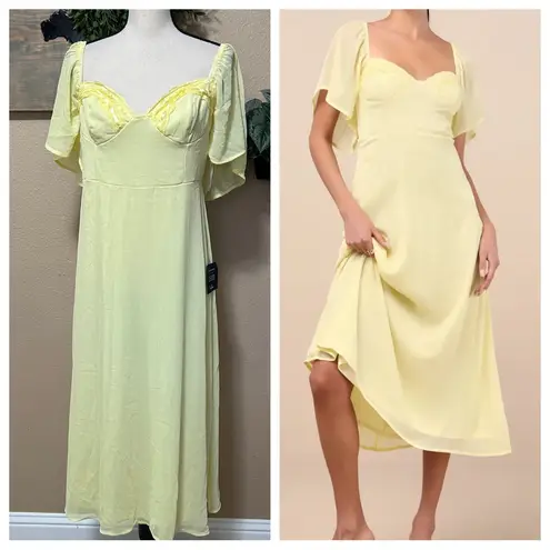 Valla Light Yellow Flutter Sleeve Midi Dress Size L
