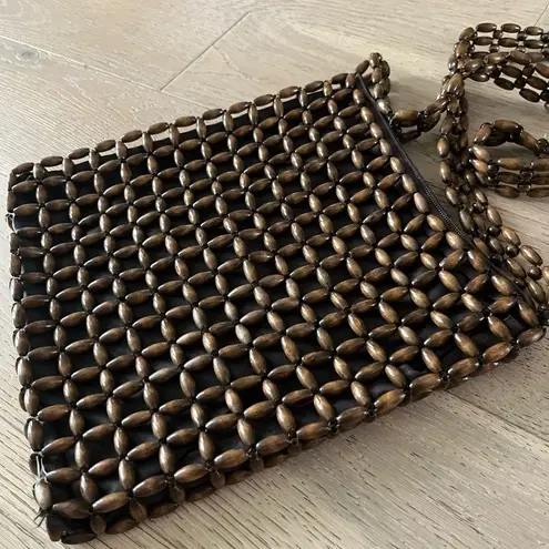 Vintage Wooden Bead Crossbody Bag Boho Brown Woven Shoulder Purse Handmade