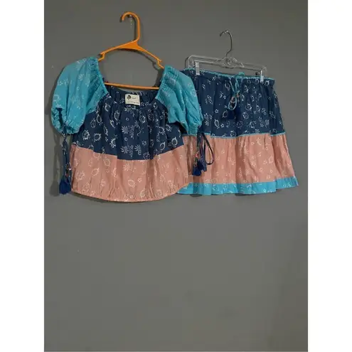 Anthropologie  Kopal Women Blue Pink Mohini Skirt Boho Combo Set Size Large