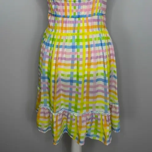 Celina Moon Pastel Plaid Mini Dress Women Large Smocked Sundress Summer Beachy Yellow