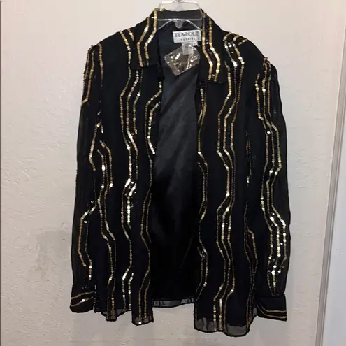 Vintage Tunique Evening S Black Gold Heavy Sequin Formal Jacket Blazer Disco Size L