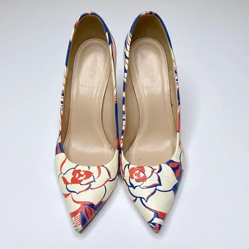J.Crew  Italian Made Leather Floral Heels Size 7.5 Cream‎ Blue Red Print 4" Heel