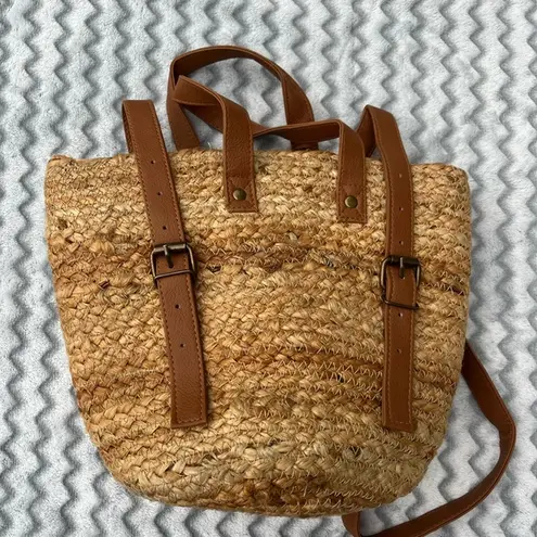 XIX PALMS Straw Backpack Cooler Tan Leather Straps Nautical Print Lining - Image 5