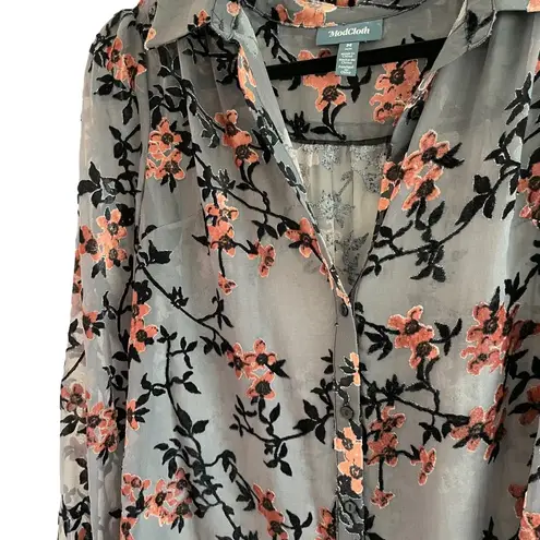 Modcloth Gray Cherry Blossom Sheer Velvet Puff-Sleeve Button-Up