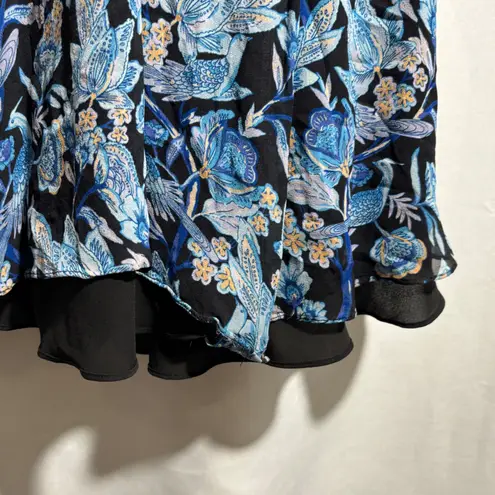 Hale Bob Floral Bird Print Wrap Midi Dress Blue Black Flutter Sleeve M Fairy - Image 9