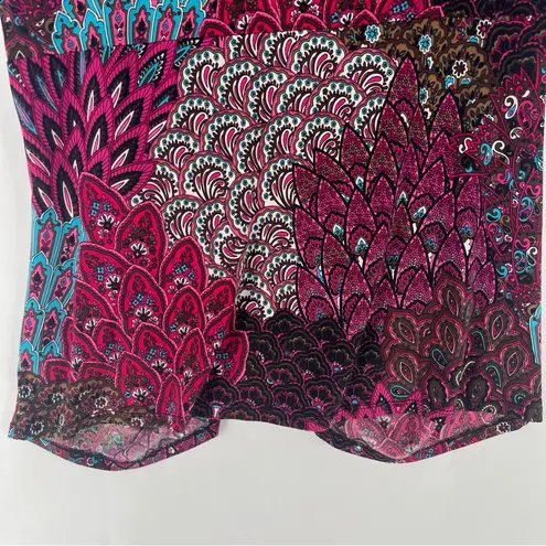 Marc Bouwer Pink Blue Paisley Feather Patterned Zip Front Dolman V