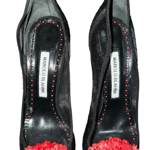 Manolo Blahnik Sohemias 105 Polka Dot Mesh Pumps Black With Flower Appliqué