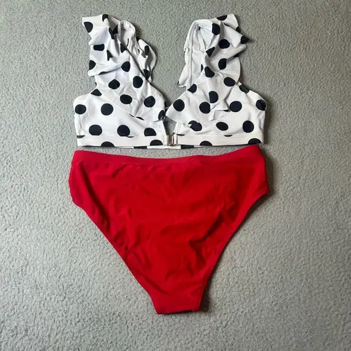 Yuly Swimsuit Womens L White Black Red Ruffle Trim High Waisted Bikini NEW Size L