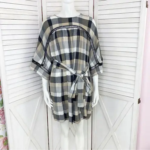 Maeve  Anthropologie Oversized Plaid Kimono Tunic Dress Tie WaistTan Black Small