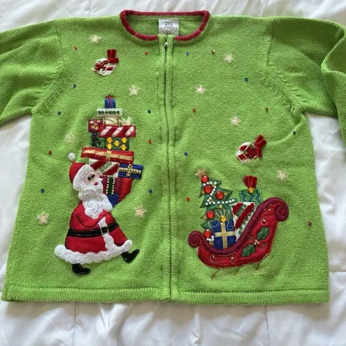 Tiara International Vintage 90s Y2K Womens Girls Full Zip Sweater Christmas Holiday Santa Green