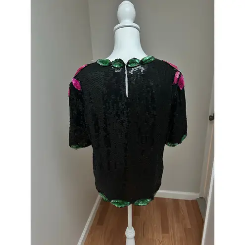 Vintage 1980’s “Sténay” Black Sequin & Beaded Blouse Floral Pattern Large