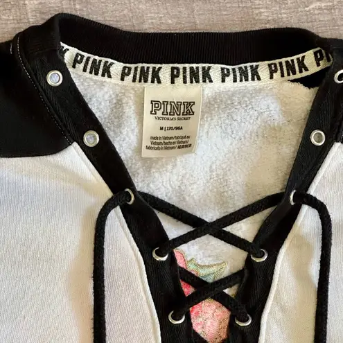 PINK - Victoria's Secret VS Pink Lace Up Varsity Crew Sweatshirt Womens M Oversized White Black Rose Logo