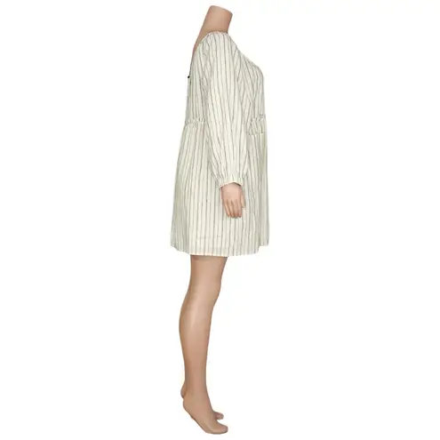 EMERSON FRY Jasmine Button Down Dress, Ivory Hemp Stripe Organic, Large Blue