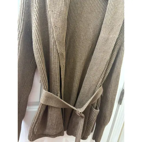 Bruno Magli Merino Wool Ribbed Belted Shawl Cardigan Women's M TAN Size M