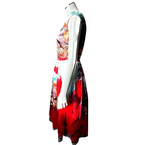 CCC Silk Cotton Medium Knights Scene Print Fit And Flare Midi Dress Italian Art Red