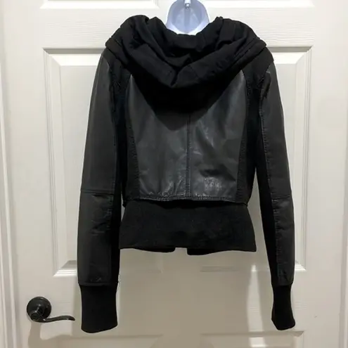 BCBGMAXAZRIA  Black Leather Oakley Hooded Jacket