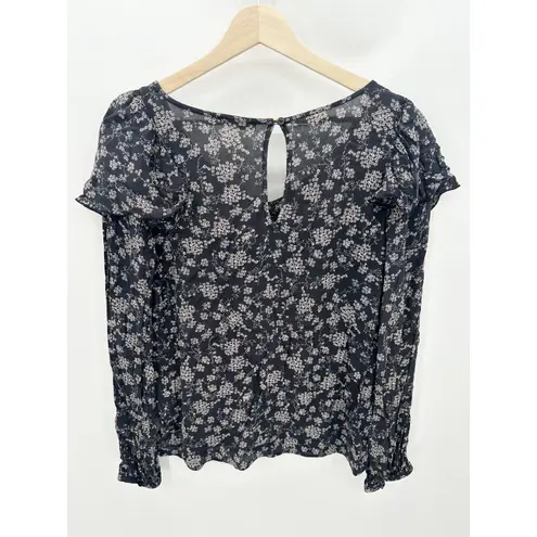 Hinge Gray Cream Floral Ruffle Long Sleeve Blouse Peasant Top Women Medium