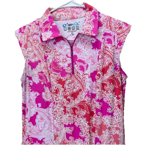 IBKUL Pink Paisley 1/4 Zip Flounce Hem Sleeveless Polo Dress Size XS Pockets