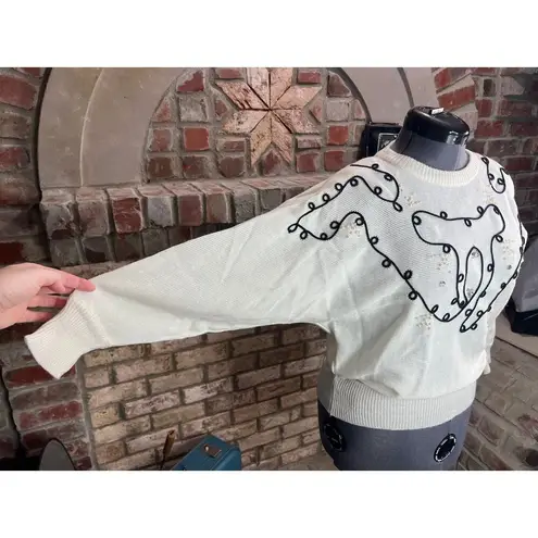 Sweater 1980s dolman sleeve white black swirls pearl sparkle Size L