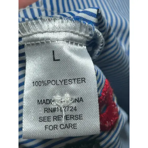 Grand & Greene Blue Striped Cold Shoulder Embroidered Floral Top