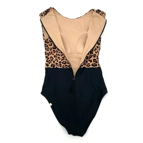 Summersalt The Surf Leopard Print Black One Piece Swimsuit Zip Up Back Size 4