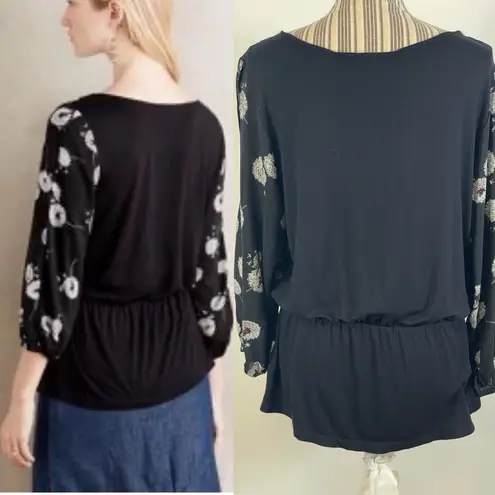 Deletta Anthro Black Wished Bloom Dandelion Peplum Top NEW Size Large