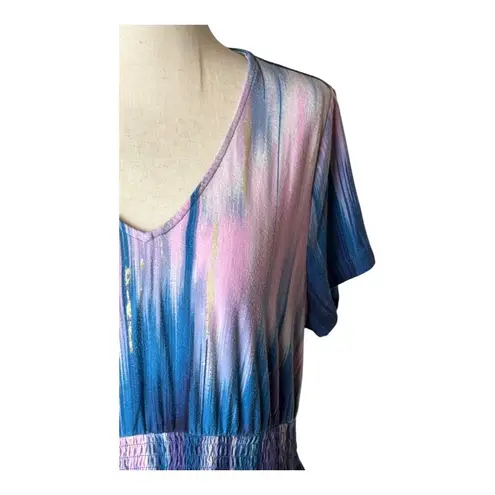 Soma Nightgown Women Medium Blue Pink Tie Dye V Neck Smocked Waist Sleep Shirt