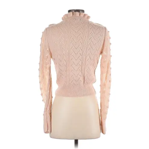 ZARA  Pale Pink High Neck Pointelle Knit Sweater With Ruffle Trims - S