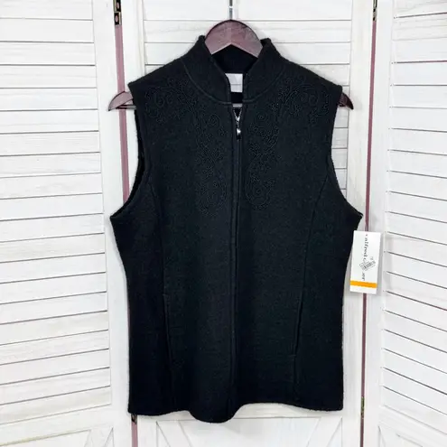 Alfred Dunner Embroidered Beaded Full Zip Mock Neck Boucle Wool Vest Black Small