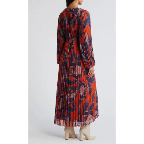 Chelsea28 NWT Floral Print Pleated Long Sleeve Dress Rust Blue Floral Sz XS $149