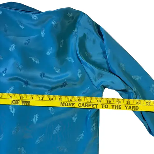 Vintage Feather Print Blouse with Belt Long Sleeve Button Up Top Medium Blue
