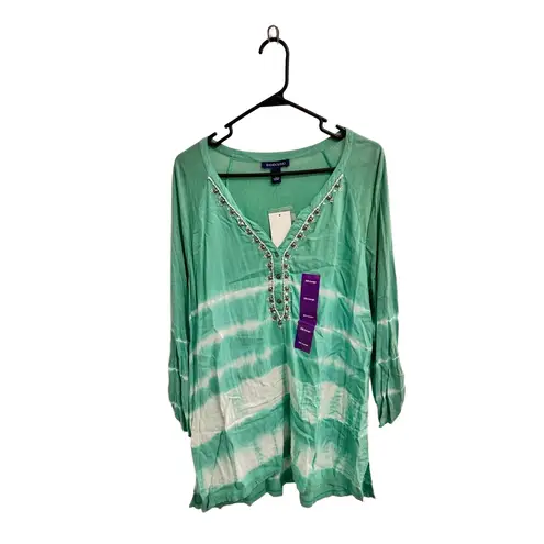 Bandolino Green Tie Dye V Neck 3/4 Sleeve Bohemian Tunic Size XXL retro