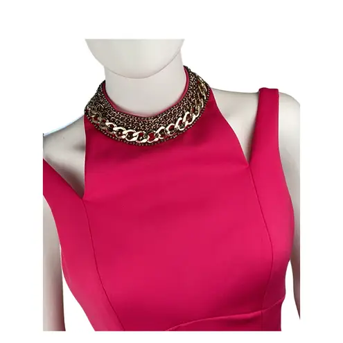 Terani Couture Hot Pink Mini Dress with Statement Gold Chain Collar Party Cocktail Bodycon