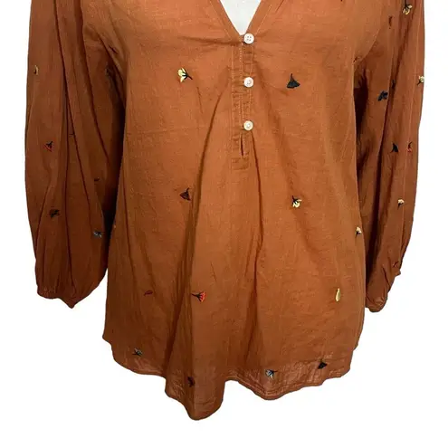 The Great Derby Embroidered Blouse Floral Brown Women’s Size 0 Boho Puff Sleeve